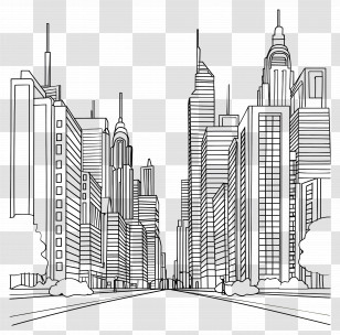 Downtown - Detailed Black And White City Skyline Drawing Transparent PNG