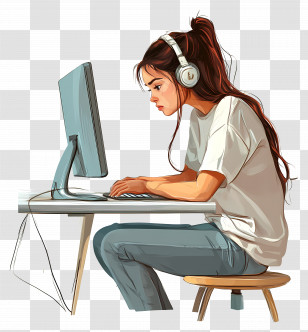 Girl With Computer - Focused Girl With Headphones And Computer Transparent PNG