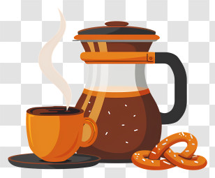 Coffee Pot - Coffee Set With Steaming Cup And Pretzels Transparent PNG