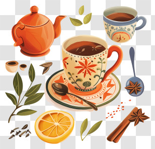 Masala Chai Tea - Tea Cups And Teapot Setup Transparent PNG