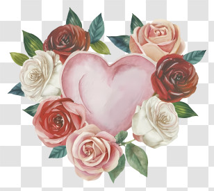 Cartoon - Pink Heart Surrounded By Roses Transparent PNG
