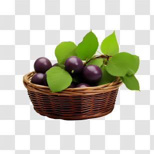 Plum - Illustration Of Purple Plums In A Wicker Basket With Leaves Transparent PNG