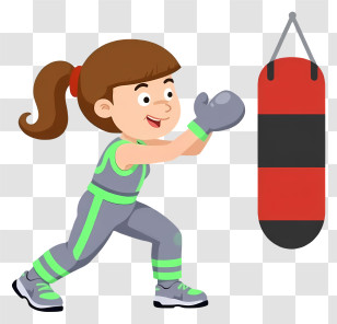Girl Striking Punching Bag - Girl Boxing With Punching Bag Transparent PNG