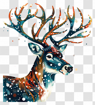 Christmas Reindeer - Artistic Deer With Colorful Antlers Transparent PNG