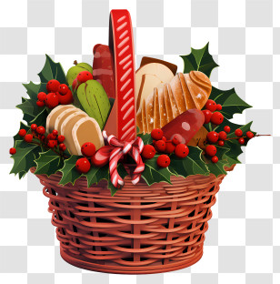 Holiday Food Basket - Christmas Gift Basket With Holly And Treats Transparent PNG