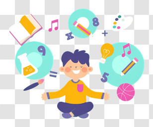 Cartoon Study - Boy Learning With Educational Icons Transparent PNG