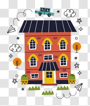 House - Colorful Cartoon Building With Fun Elements Transparent PNG