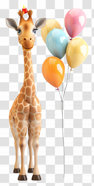 Animal - Giraffe With Balloons And Party Hat Transparent PNG