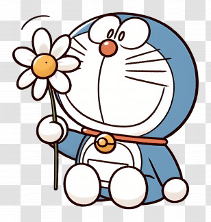 Doraemon - Cute Cartoon Cat Holding A White Flower Transparent PNG