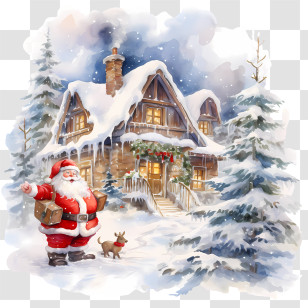 Christmas Card Day - Santa Claus In A Snowy Winter House Scene Transparent PNG
