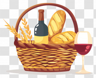 Basket - Picnic Basket With Bread And Wine Illustration Transparent PNG