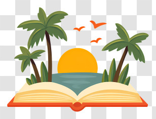 Summer Logo - Open Book With Tropical Scene And Sunset Transparent PNG
