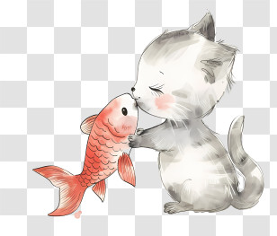 Cat Kissing Fish - Kitten Holding A Goldfish Illustration Transparent PNG