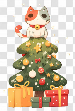 Christmas Cat - Cute Cat Sitting On Christmas Tree With Decorations Transparent PNG