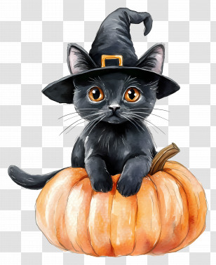 Halloween Black Cat - Black Cat In Witch Hat Sitting On Pumpkin Transparent PNG