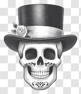 Sugar Skull With Hat - Skull With Top Hat And Rose Transparent PNG