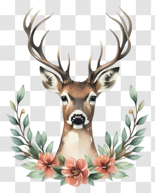 Cartoon - Deer With Floral Antlers And Decoration Transparent PNG