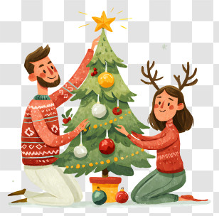 Couple Decorating Christmas Tree - Happy Couple Decorating Tree Transparent PNG
