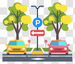 Parking - Yellow And Red Cars Parked Under Trees Transparent PNG