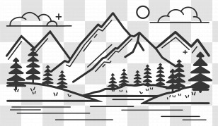 Mountain Outline - Line Art Mountain Scene With Trees Transparent PNG