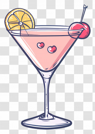 Cartoon Cocktail - Cocktail Glass With Cherry And Lemon Transparent PNG