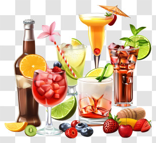 Food Drinks - Assortment Of Colorful Cocktails And Fruity Garnishes Transparent PNG