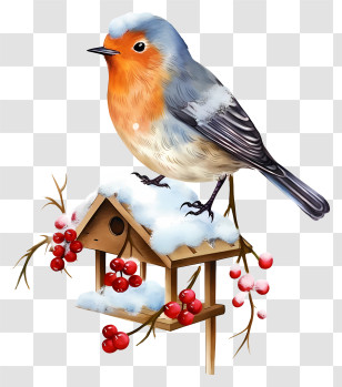 Robin Bird - Bird Perched On Snowy Birdhouse Transparent PNG
