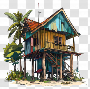 Kampung House - Colorful Elevated Wooden House On Stilts Transparent PNG