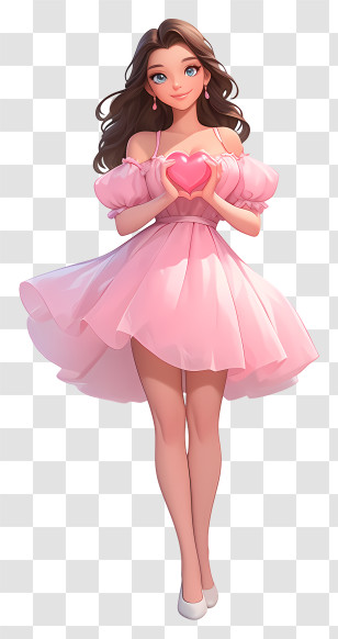 Girl Holding Love Heart - Girl In Pink Dress Holding Heart Transparent PNG
