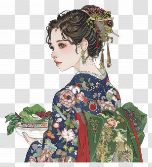 Traditional Woman - Traditional Woman Illustration With Floral Pattern Dress Transparent PNG