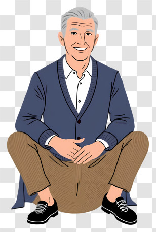 Man In Casual Outfit - Elderly Man In Blue Cardigan Sitting Transparent PNG