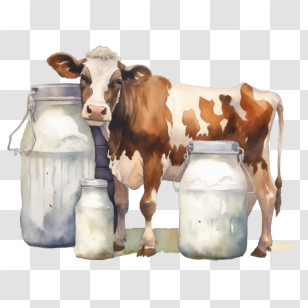Watercolor Cow
 - Cow And Milk Jars Illustration Transparent PNG