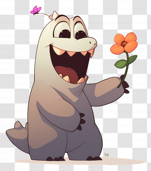 Cartoon Character - Happy Dinosaur With Flower Transparent PNG