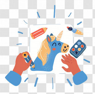 World Art Day - Colorful Unicorn Drawing With Art Supplies Transparent PNG