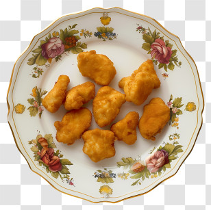 Chicken Nuggets - Golden Chicken Nuggets On Decorative Floral Plate Transparent PNG