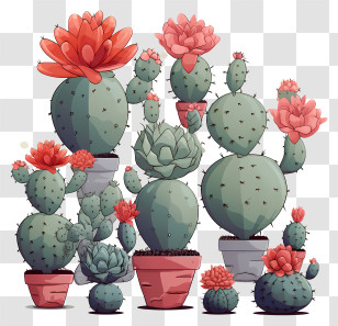 Flat Succulents - Beautiful Cactus Plants With Red Flowers In Pots Transparent PNG