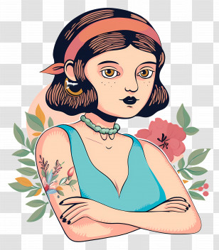 Retro Girl Tattoo - Retro Girl With Floral Background Transparent PNG
