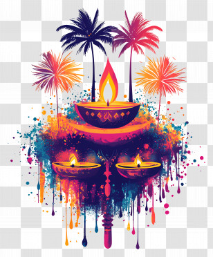 Diwali Fireworks - Colorful Diya With Fireworks For Diwali Transparent PNG