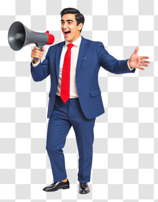 Businessman Shouting With Megaphone - Excited Presenter In Blue Suit With Megaphone Transparent PNG