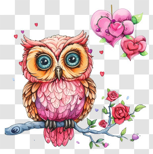 Hand Drawn Valentine Owl - Artistic Owl With Roses And Hearts Transparent PNG