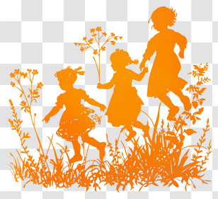 Children Silhouette - Silhouettes Of Three Children Running With Plants Transparent PNG