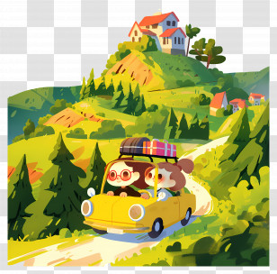 Family Driving In Car - Cartoon Road Trip Adventure Transparent PNG
