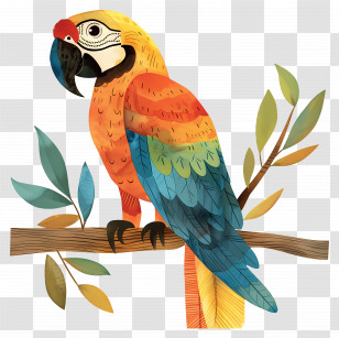 Macaw - Vivid Parrot Perched On Branch Illustration Transparent PNG