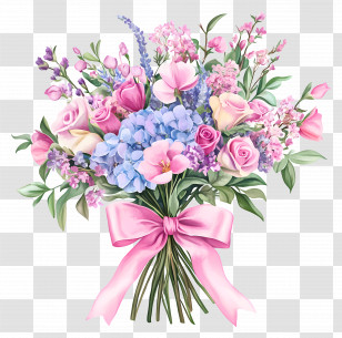 Pink Bouquet - Beautiful Flower Bouquet With Pink Ribbon Decoration Transparent PNG