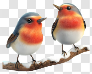Shivering Birds - Colorful Robins Perched On A Snowy Branch Transparent PNG