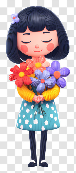Kawaii Girl With Flowers - Serene Blue-Haired Girl With Flowers Transparent PNG
