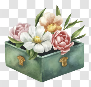 Green Wooden Box - Vintage Flower Box With Floral Arrangement Transparent PNG