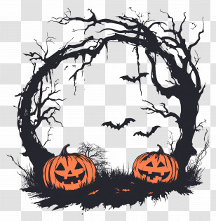 Halloween Frame - Pumpkins And Bats In Moonlit Halloween Scene Transparent PNG