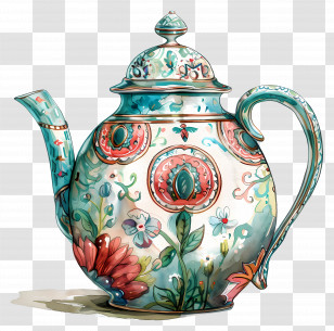 Teapot - Ornate Ceramic Teapot With Floral Patterns Transparent PNG