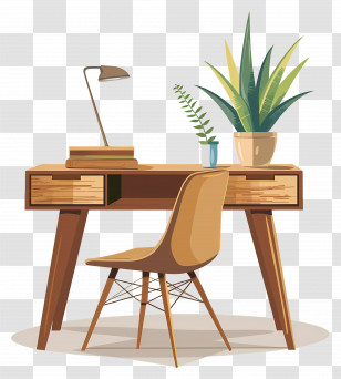 Desk - Wooden Desk With Plants And Chair Transparent PNG